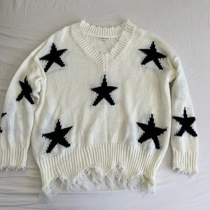 White With Black Stars Fringe Sweater